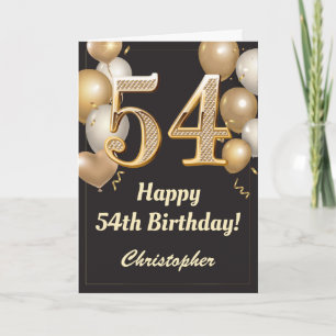 54th Birthday Black and Gold Balloons Confetti Card