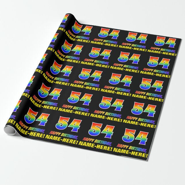 54th Birthday: Bold, Fun, Simple, Rainbow 54 Wrapping Paper (Unrolled)