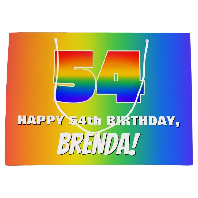 54th Birthday: Colourful, Fun Rainbow Pattern # 54 Large Gift Bag (Front)