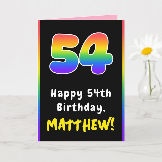 54th Birthday: Colourful Rainbow # 54, Custom Name Card (Small Plant)