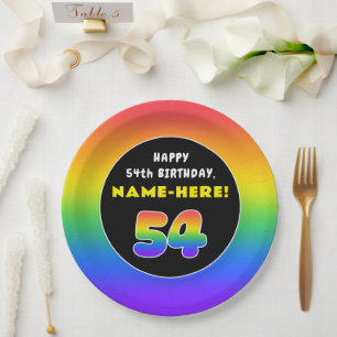 54th Birthday: Colourful Rainbow # 54, Custom Name Paper Plate