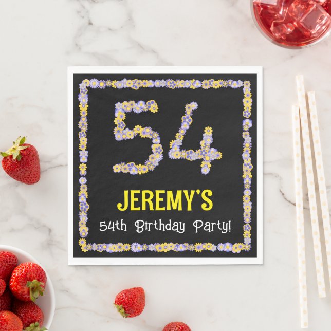 54th Birthday: Floral Flowers Number, Custom Name Napkin (Insitu)