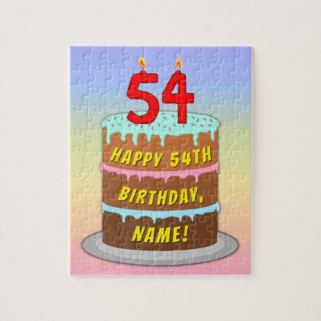 54th Birthday: Fun Cake and Candles + Custom Name Jigsaw Puzzle (Vertical)