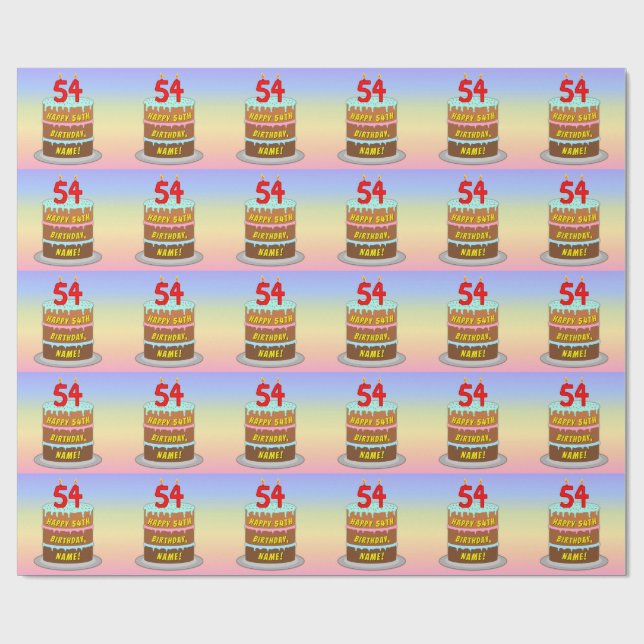 54th Birthday: Fun Cake and Candles + Custom Name Wrapping Paper (Flat)