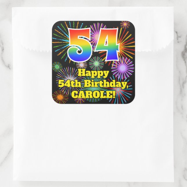 54th Birthday: Fun Fireworks Look, Rainbow # 54 Square Sticker (Bag)