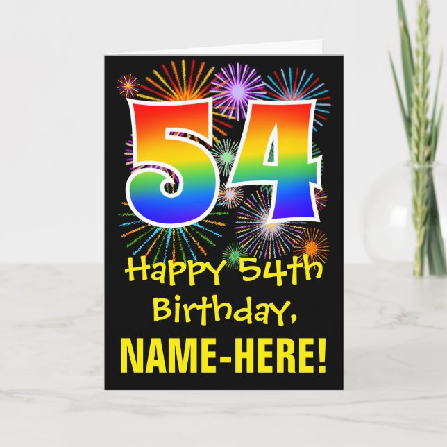 54th Birthday: Fun Fireworks Pattern + Rainbow 54 Card (Front)