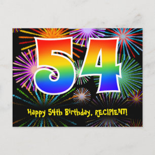 54th Birthday – Fun Fireworks Pattern + Rainbow 54 Postcard