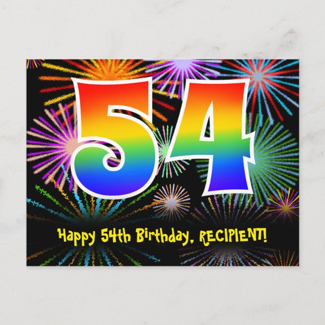 54th Birthday – Fun Fireworks Pattern + Rainbow 54 Postcard (Front)