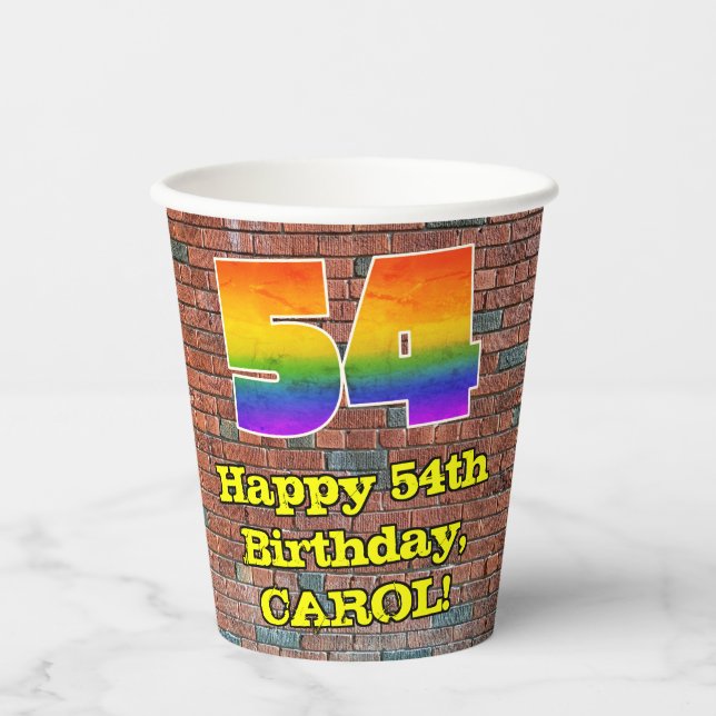 54th Birthday: Fun Graffiti-Inspired Rainbow 54 Paper Cups (Front)