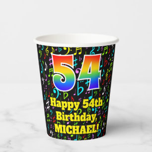 54th Birthday: Fun Music Notes Pattern, Rainbow 54 Paper Cups