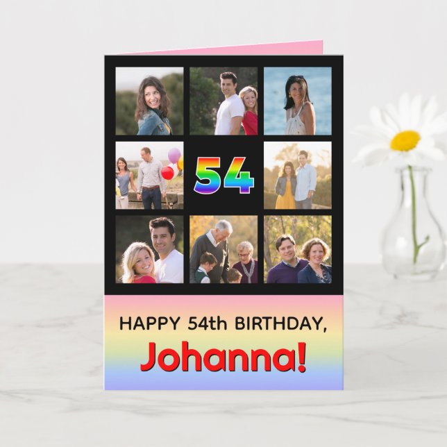 54th Birthday: Fun Rainbow #, Custom Photos + Name Card (Small Plant)