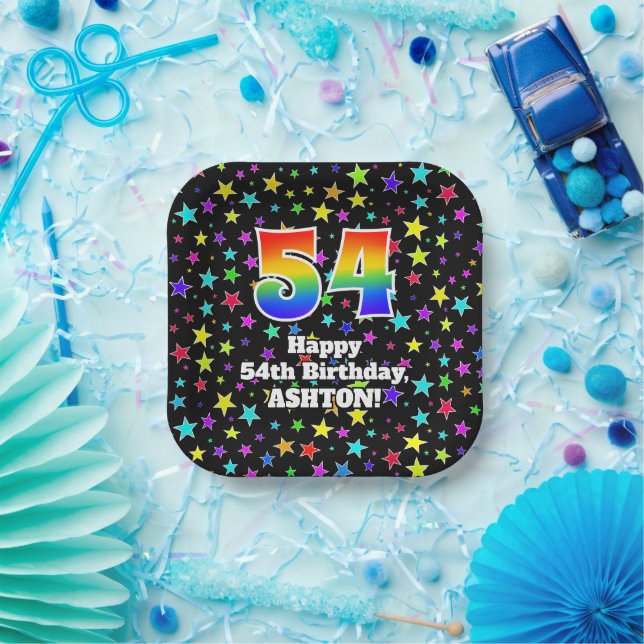 54th Birthday: Fun Stars Pattern and Rainbow “54” Paper Plate (Party)