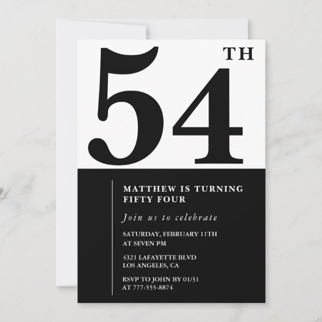 54th birthday invitations Black and White Elegant (Front)