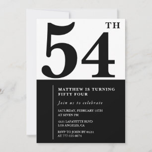 54th birthday invitations Black and White Elegant