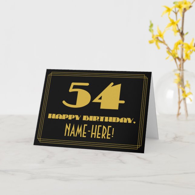 54th Birthday: Name + Art Deco Inspired Look "54" Card (Yellow Flower)