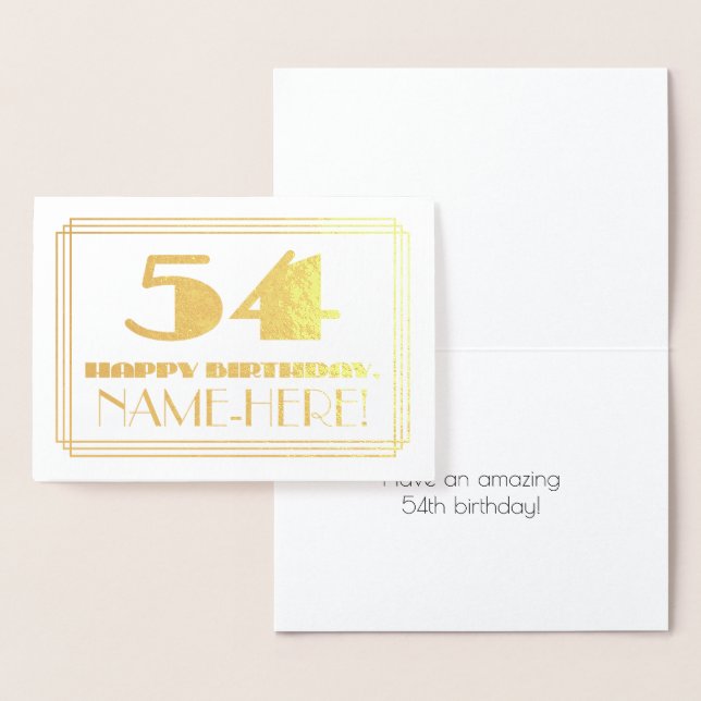 54th Birthday; Name + Art Deco Inspired Look "54" Foil Card (Display)