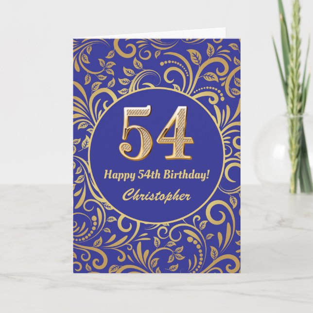 54th Birthday Navy Blue and Gold Floral Pattern Card (Front)