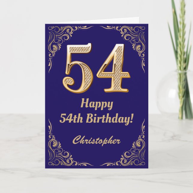 54th Birthday Navy Blue and Gold Glitter Frame Card (Front)