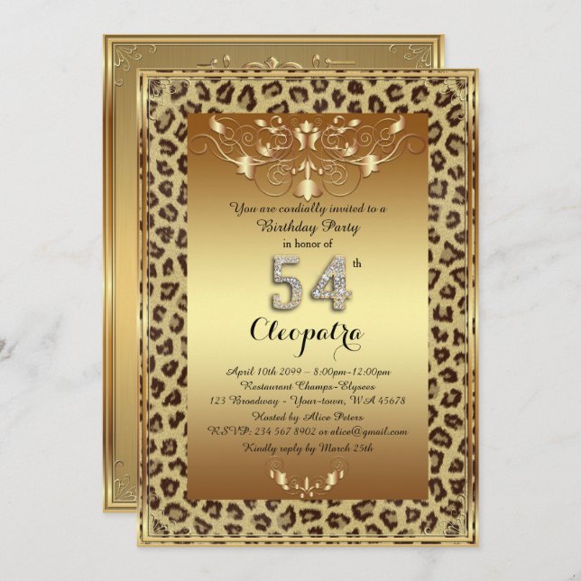54th, Birthday Party 54th, Royal Cheetah gold plus Invitation (Front/Back)