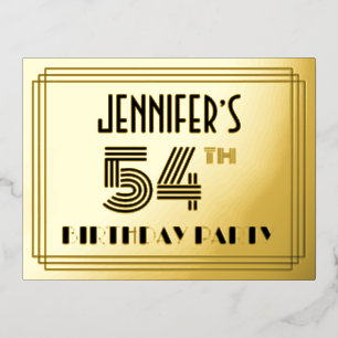 54th Birthday Party ~ Art Deco Style “54” + Name Foil Invitation Postcard