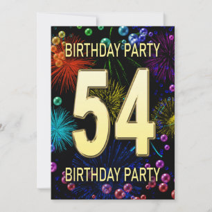 54th Birthday Party Invitation Fireworks Bubbles