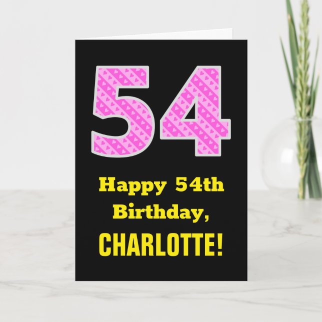 54th Birthday: Pink Stripes and Hearts "54" + Name Card (Front)