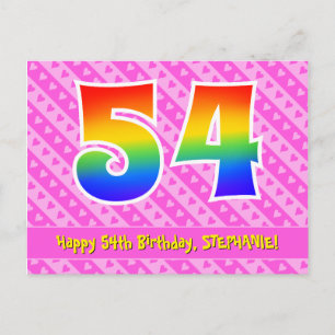 54th Birthday: Pink Stripes & Hearts, Rainbow 54 Postcard