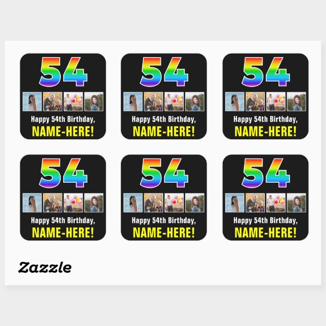 54th Birthday: Rainbow “54”; Custom Photos & Name Square Sticker (Sheet)