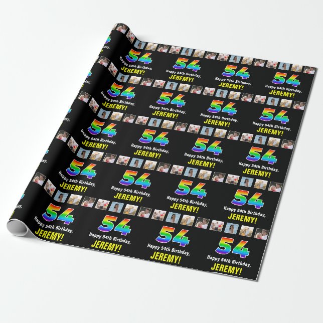 54th Birthday: Rainbow “54“; Custom Photos & Name Wrapping Paper (Unrolled)