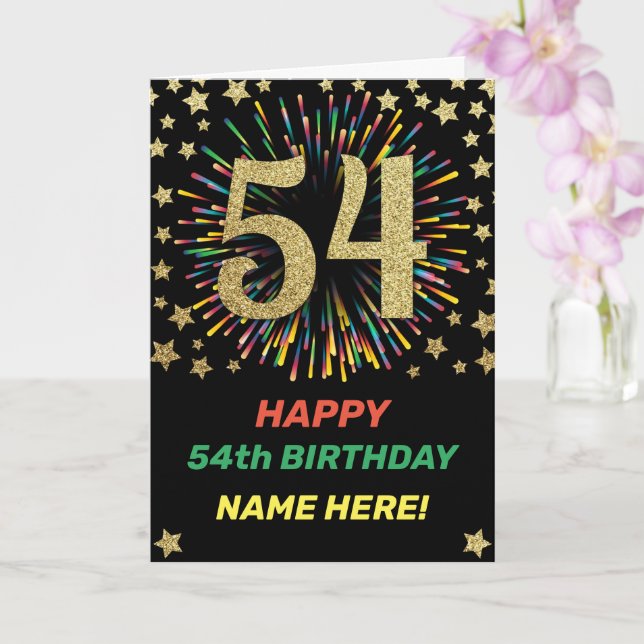 54th Birthday Rainbow Firework Gold Happy Birthday Card (Orchid)