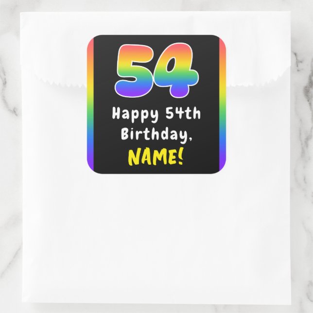 54th Birthday: Rainbow Spectrum # 54, Custom Name Square Sticker (Bag)