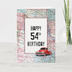 54th Birthday Red Retro Truck on Map     Card