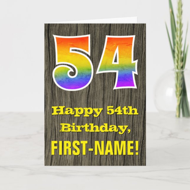 54th Birthday: Rustic Faux Wood Look, Rainbow "54" Card (Front)