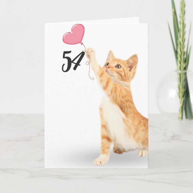 54th birthday tabby cat with heart balloon card (Front)