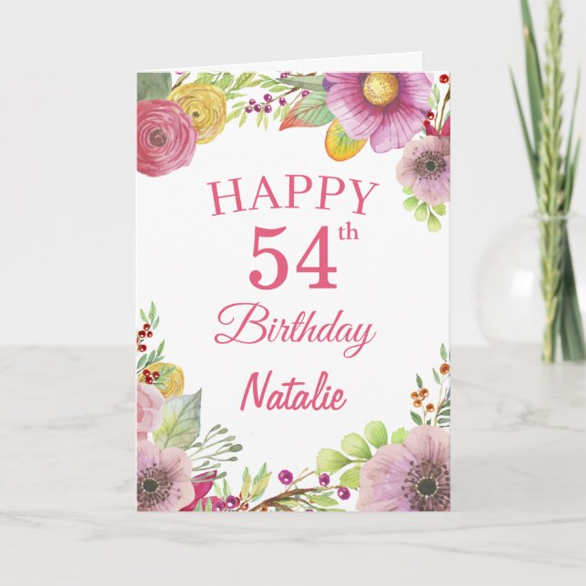 54th Birthday Watercolor Floral Flowers Pink Card (Front)