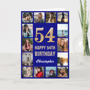 54th Happy Birthday Navy Blue & Gold Photo Collage Card