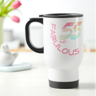 55 and Fabulous Birthday Pastel Rainbow Text Travel Mug