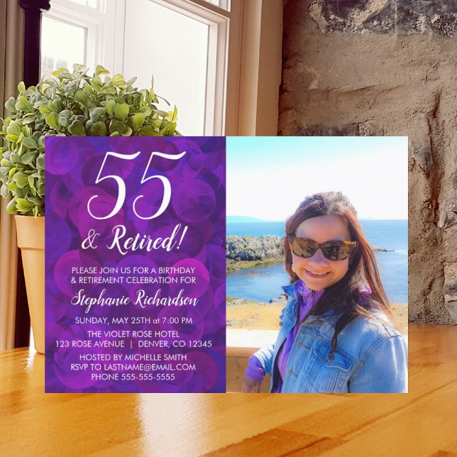 55 and Retired Elegant Purple Birthday Retirement Invitation (Creator Uploaded)