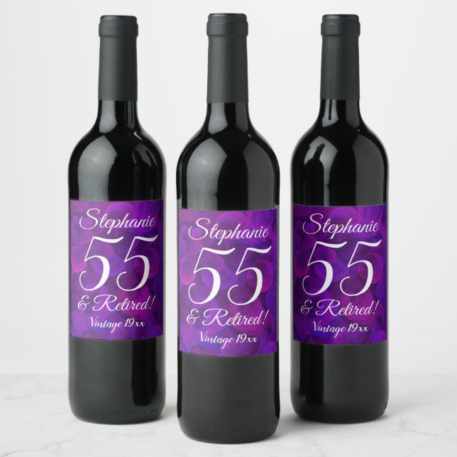 55 and Retired Elegant Purple Personalised Wine Label (Bottles)