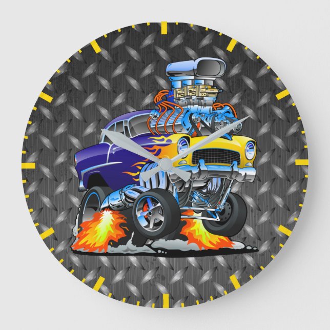 55 Funny Car Metal Diamond Chequered Plate  Large Clock (Front)