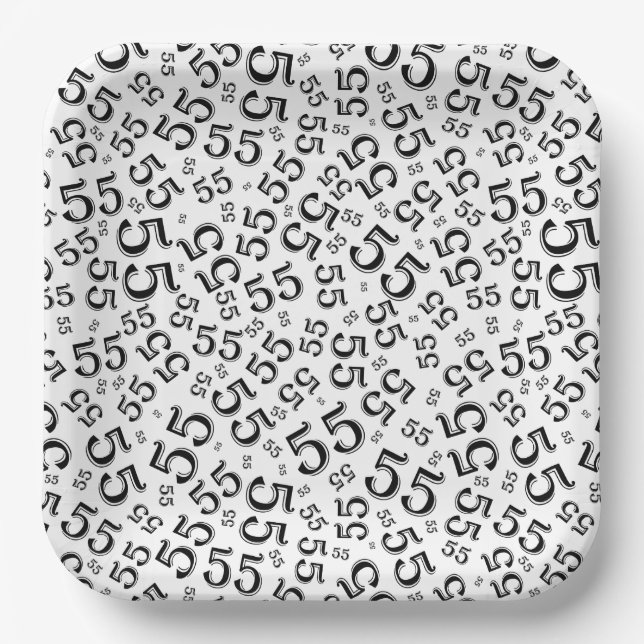  55’th Black/White  Random Number Pattern  Paper Plate (Front)