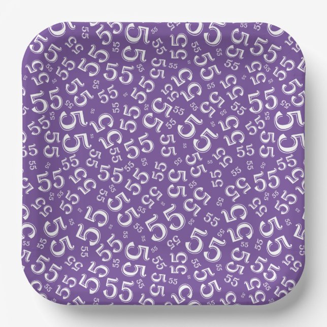  55’th Purple/White  Random Number Pattern  Paper Plate (Front)