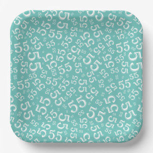 55’th Teal/White Random Number Pattern Paper Plate