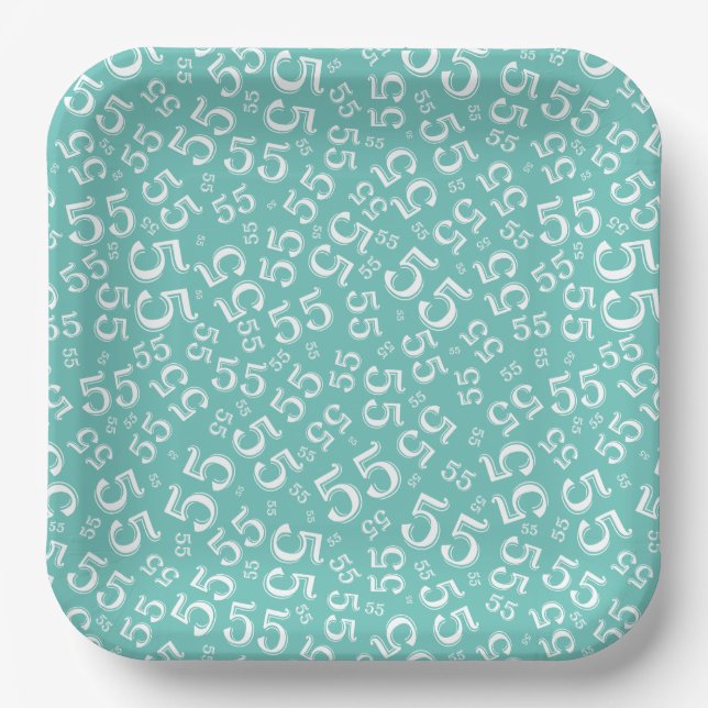  55’th Teal/White  Random Number Pattern  Paper Plate (Front)