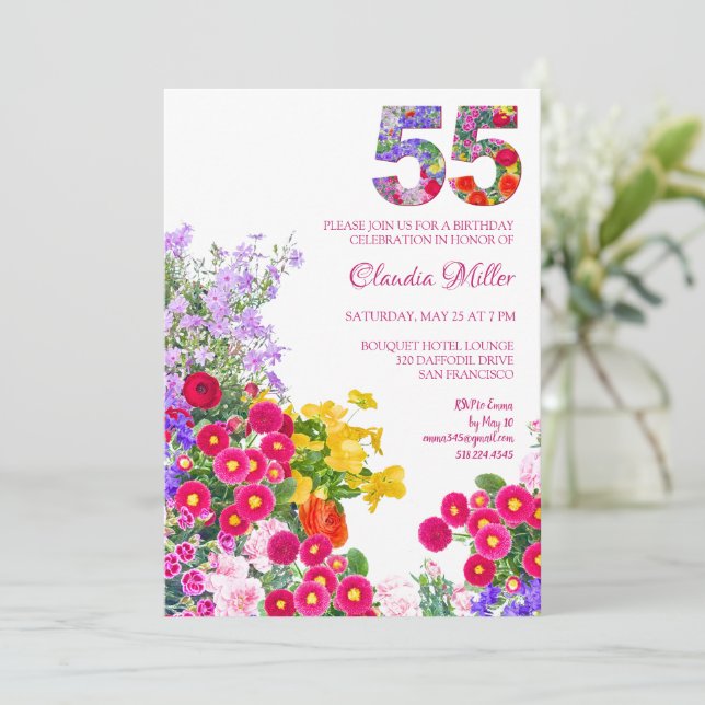 55 Years Elegant Garden Floral – 55th Birthday Invitation (Standing Front)