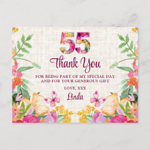 55 Years Flowers Floral Linen 55th Birthday Thanks Postcard