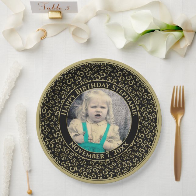 55 Your Photo Random Number Pattern Black/Gold Paper Plate (Wedding)