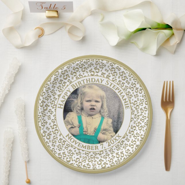 55 Your Photo Random Number Pattern Gold/White Paper Plate (Wedding)