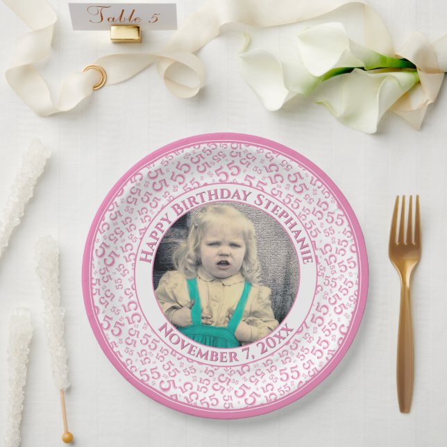 55 Your Photo Random Number Pattern Pink/White Paper Plate (Wedding)