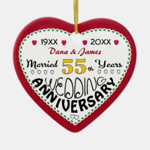 55th Anniversary gift heart shaped Christmas Ceramic Tree Decoration